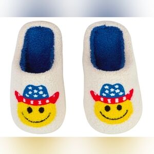 Womens Size M 7/8 Smiley Face & Patriotic Cowboy Hat Slip-On Slipper Shoes NEW